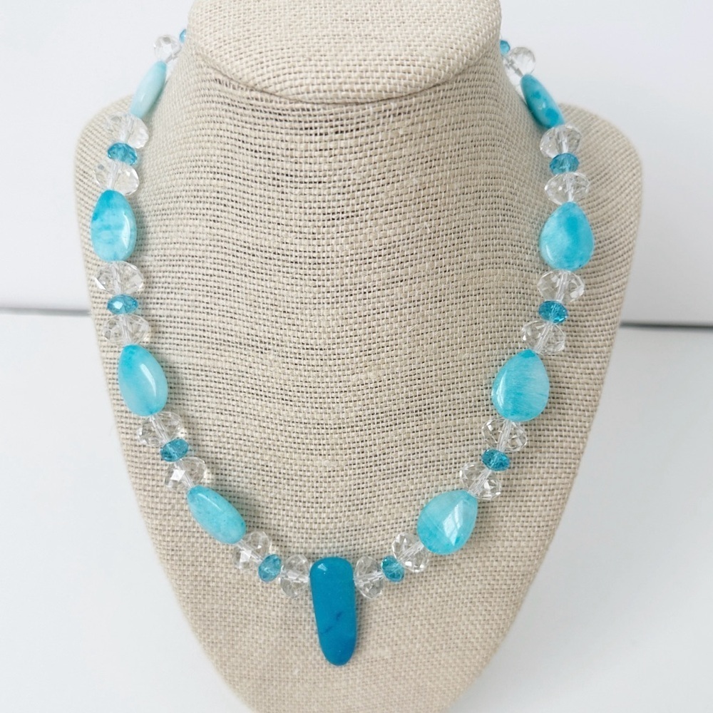 NWT Genuine Blue Jade & Czech Crystals Necklace Beaded Blue Clear